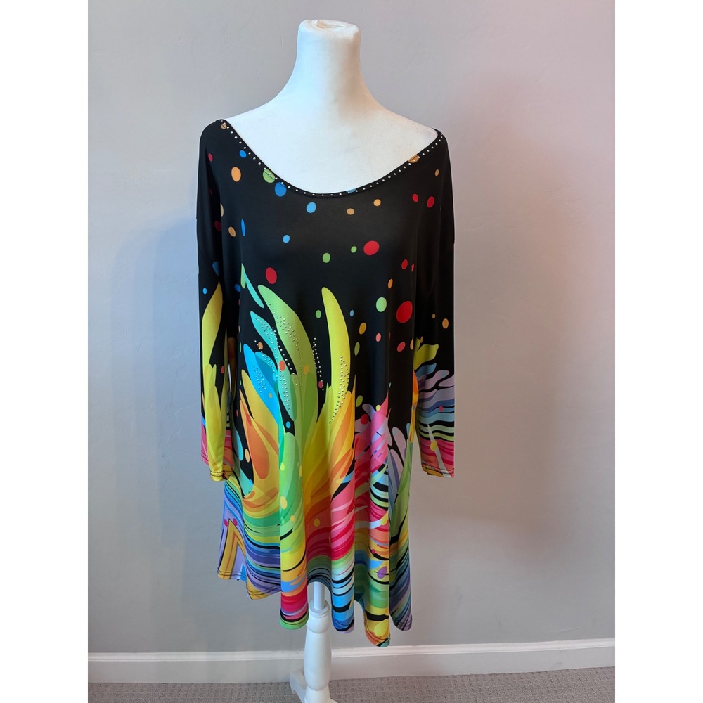 Valentina Womens XL Tunic Top Black Multi Color Abstract Rhinestone Long Sleeve